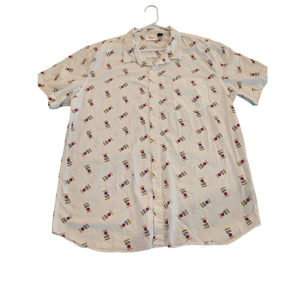 Miller Lite Beer Logo Button Up Shirt Men's XXL White All Over Print Camp Casual